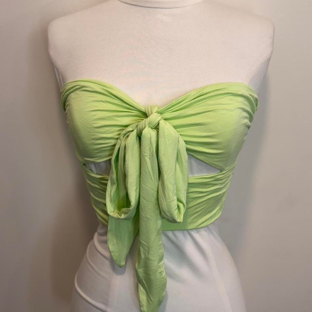 Lime Green Tie Front Strapless Crop Top 💚✨